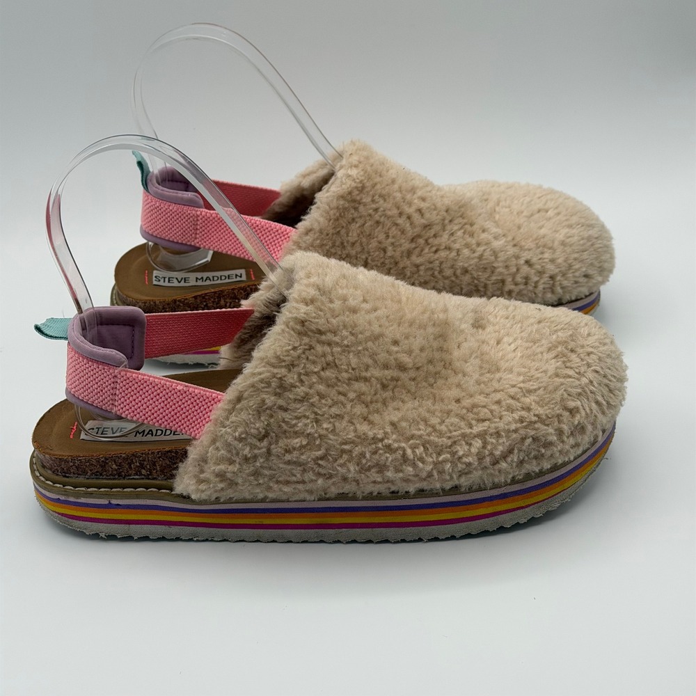 Steve Madden Fuzzy Platform Slipper Women 5 Rainbow Slingback Cozy Preppy Fall